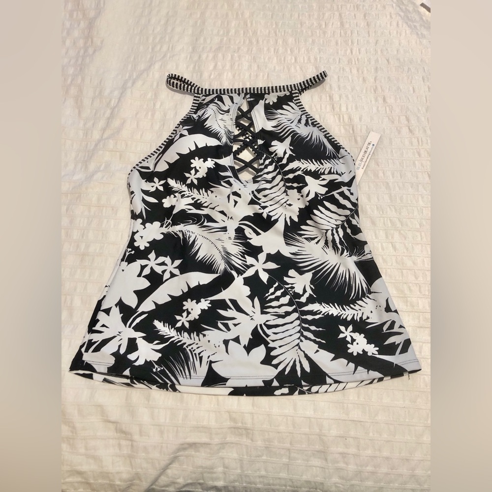 NWT Bleu Rod Beattie Black White Floral Hawaiian Print Tankini Swim Top size 10 - Picture 2 of 11